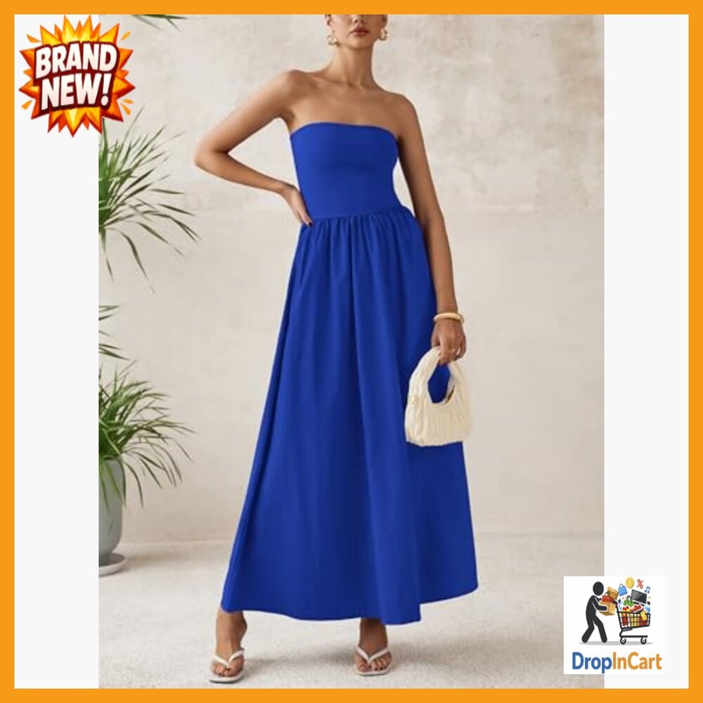 Elegant Strapless Maxi Dress Formal Wedding Party Cocktail Boho Chic - Picture 3 of 7